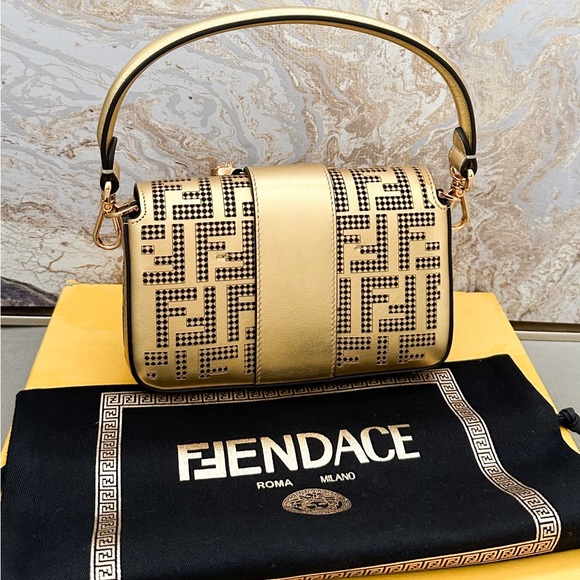 FENDI x VERSACE Fendace Logo Metallic Brooch Baguette NM Zucca Leather Mini Bag - Picture 2 of 15